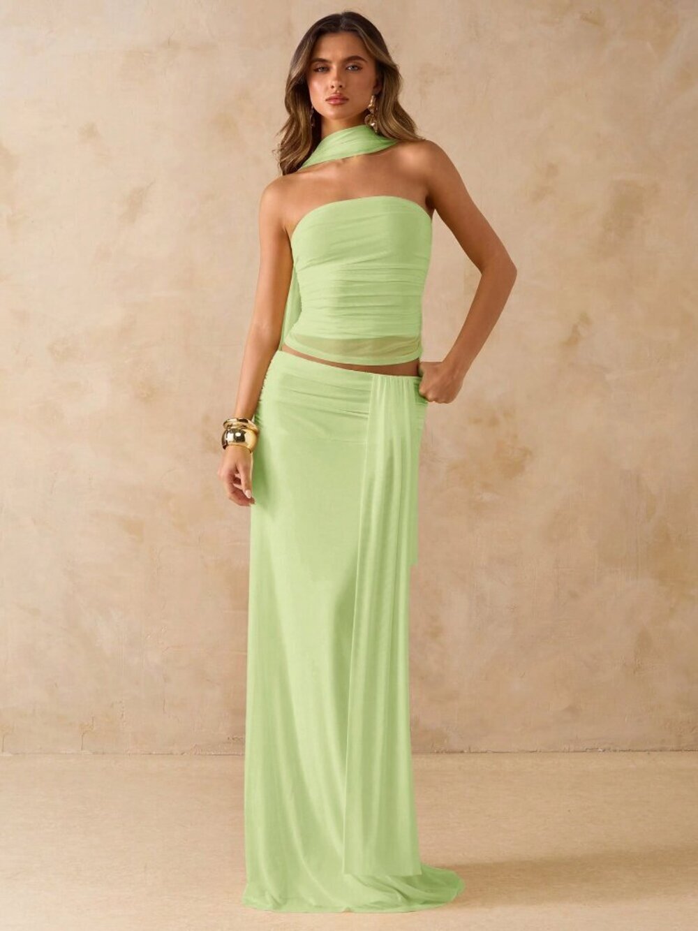 Lime Green Elegant Women's Ruched Bandeau Top & Low Waist Ruched Maxi Skirt